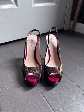 GUESS Women’s Leopard Print Peep-Toe Slingback Heels in Red Accent